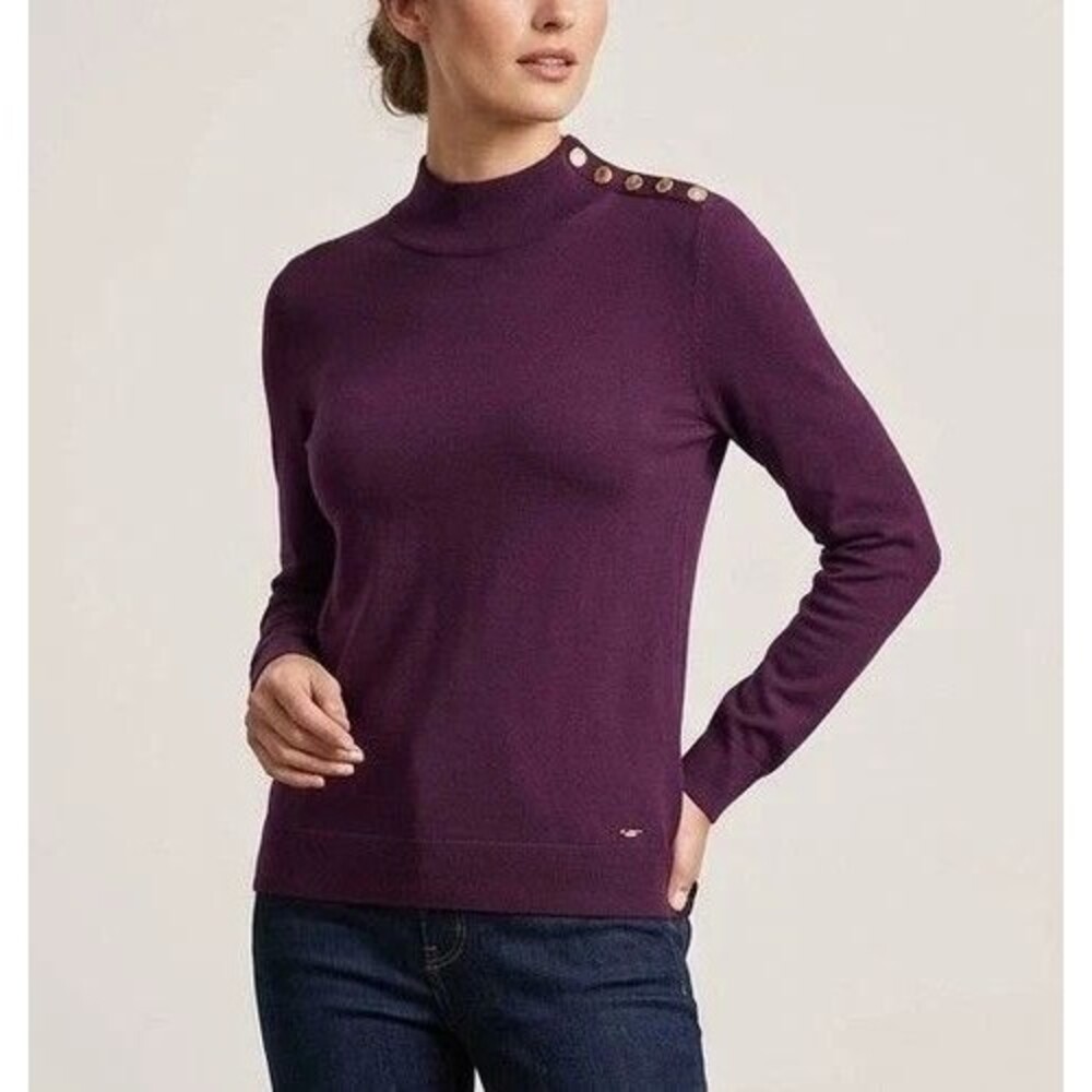 Calvin Klein Mock Neck Gold Button Shoulder Sweater Medium Merlot Purple NWT